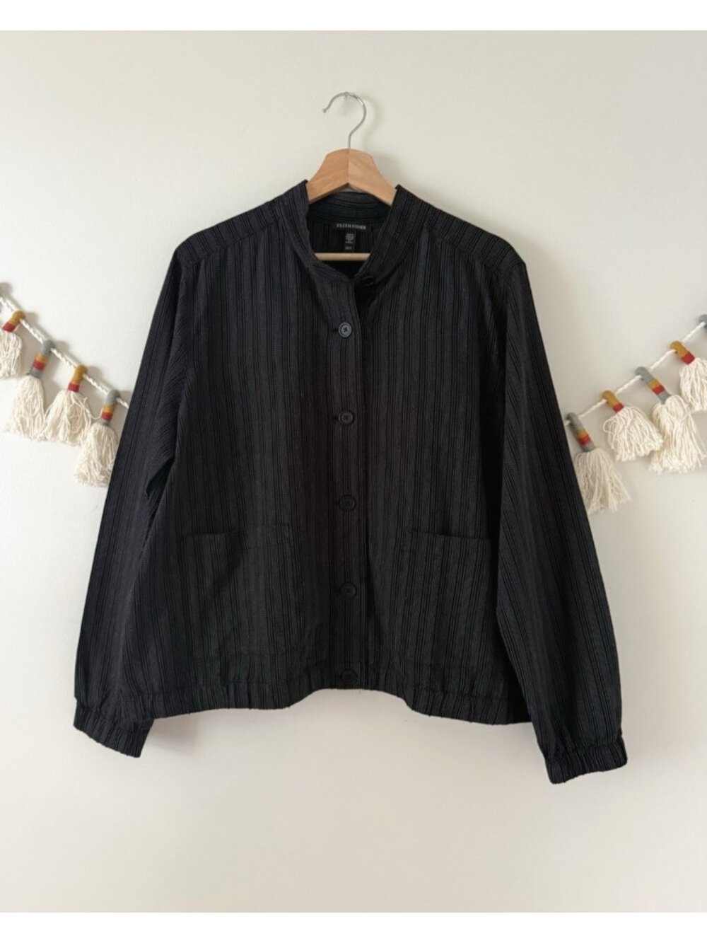 Eileen Fisher Cotton Blend Stripe Stitch Flight Jacket Black Relaxed Lagenlook M